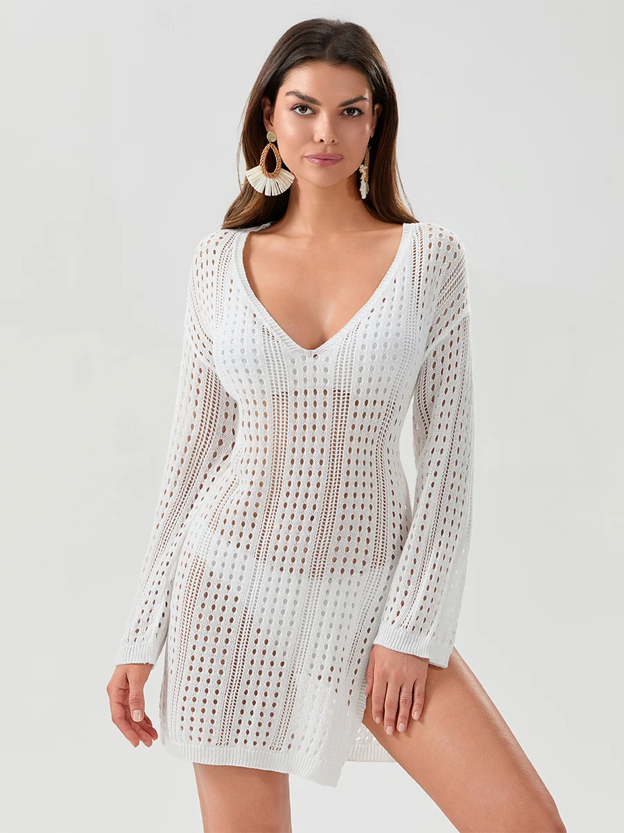 Robe de plage à manches longues pour femmes, cover-up pour bikini, document solide, transparent, creux