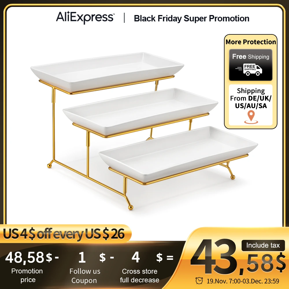

MALACASA 3-Tier Porcelain Serving Platter Gold Black Rim with Folding Sturdier Stand for Party Entertaining Food Display Stand