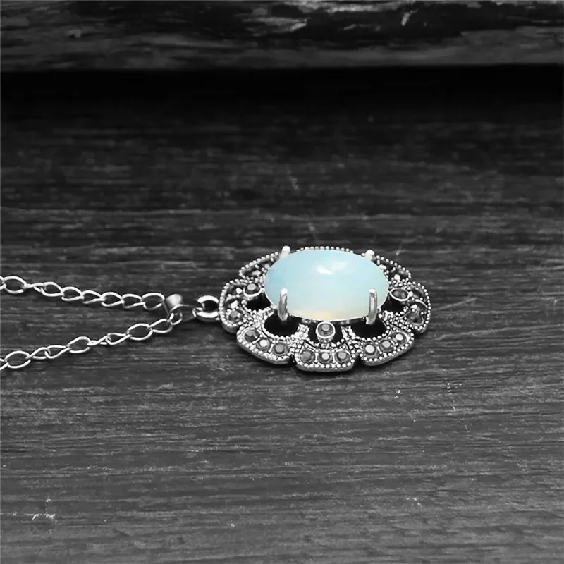 Vintage Flower Pendant Natural Stone Quartz Opal Sets For Women Antique Silver Plated Necklace Earring Ring Fashion Jewelry