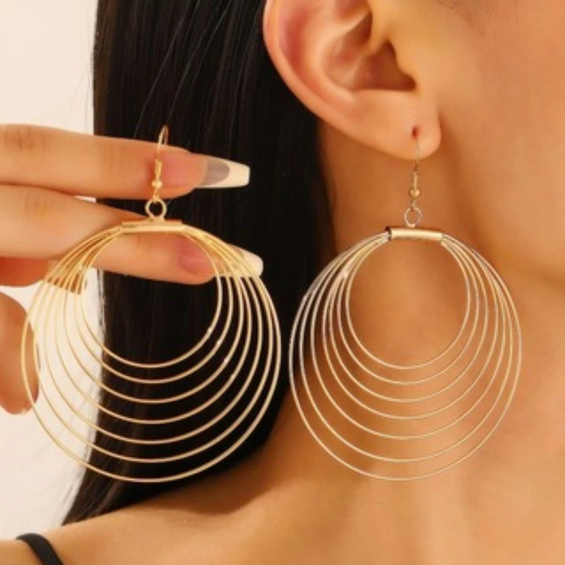 Individually Exaggerated Design Hollow Circle Pendant Earrings, Women's Fashion Trend Holiday Party Jewelry Gifts