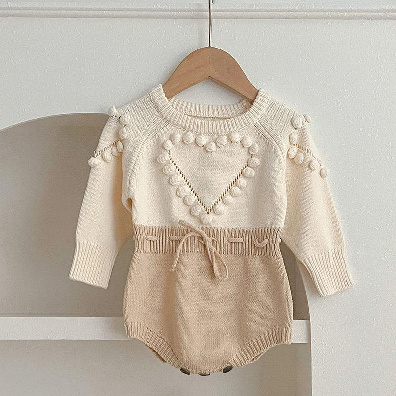 2024 New Autumn Children Knitted Clothes Newborn Baby Girls Knitted Bodysuits Long Sleeved Splicing Korean Style Climbing Suit