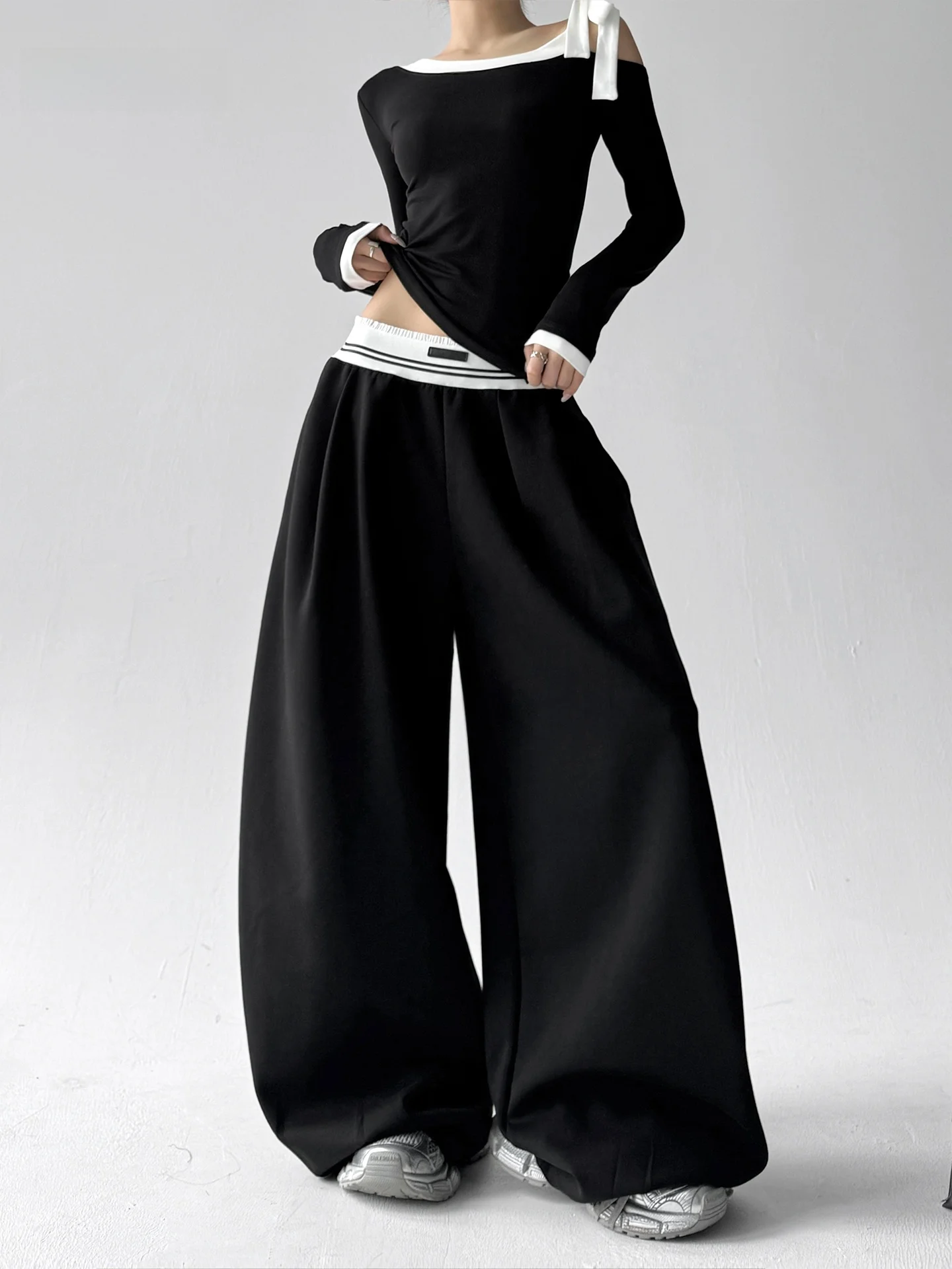 

Цветная блузка с высокой талией, прямые повседневные брюки, женские спортивные брюки свободного покроя, осенний дизайн, утягивающие широкие брюки