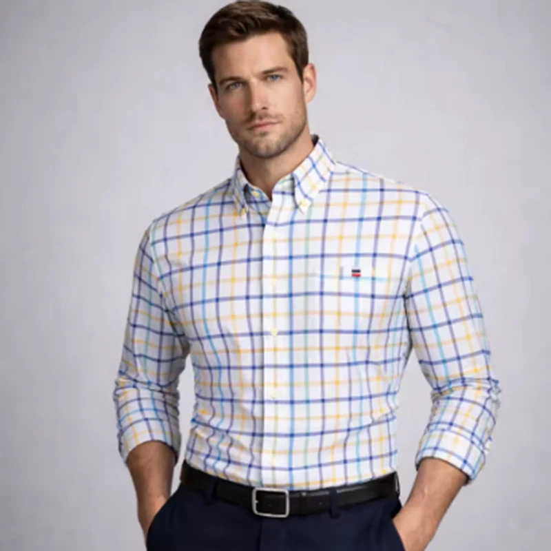 Plaid Shirt For Men Oversize Long Sleeve Slim Fit Casual Dress Shirts Four Seasons Cotton Oxford New Fashion Korean Men Clothing