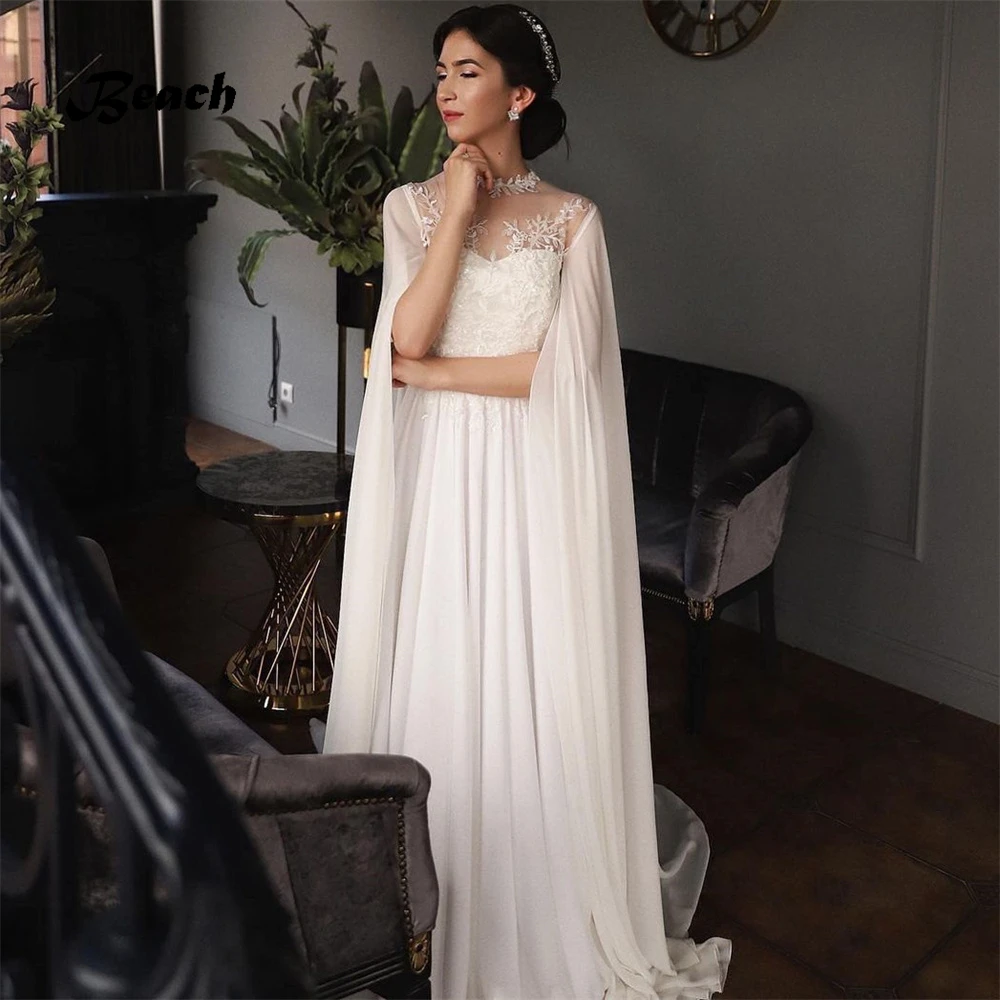 

Beach Simple O-Neck Cape Sleeves Appliques Wedding Dress For Women Sexy Backless A-Line Chiffon Bridal Gown Vestidos De Novia