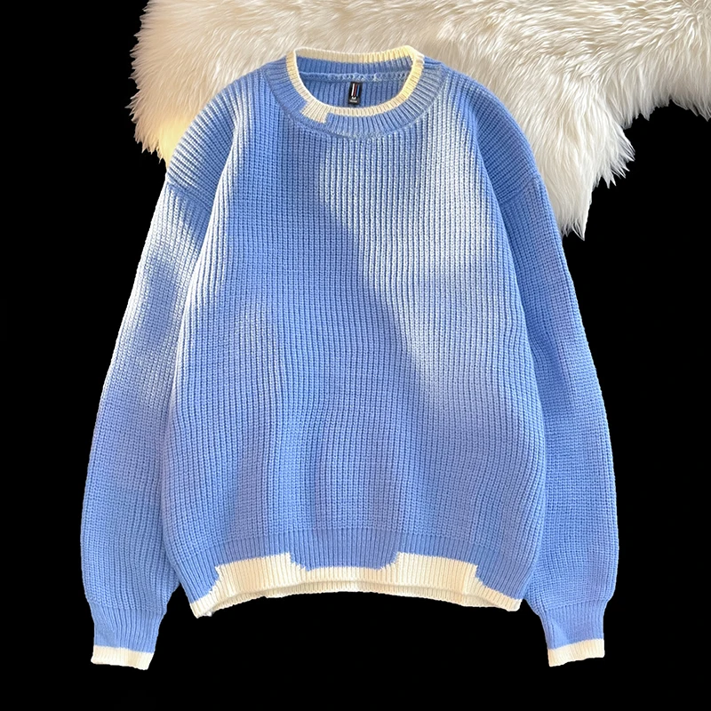 

Knit Ribbed Long Sleeve Pullover Coat Men Vintage Outerwear Warm Casual Loose Round Neck Sweatshirt Slim Fit Tops Sweater Jacket