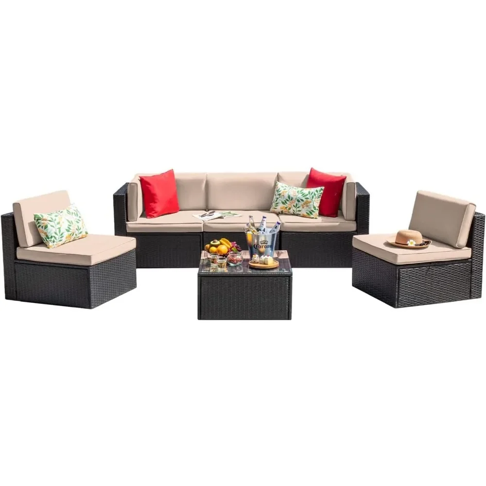 

Patio Furniture Sets 6 Pieces Outdoor Sectional Rattan Sofa Manual Weaving Wicker Patio Conversation Set