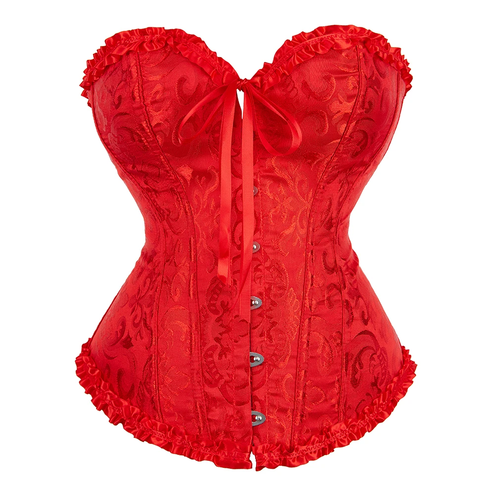 

Jacquard Overbust Corset Floral Waist Bustier Top Basques Lace Up Boned Corselet Body Shaper Korset