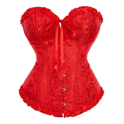 Jacquard Overbust Corset Floral Waist Bustier Top Basques Lace Up Boned Corselet Body Shaper Korset