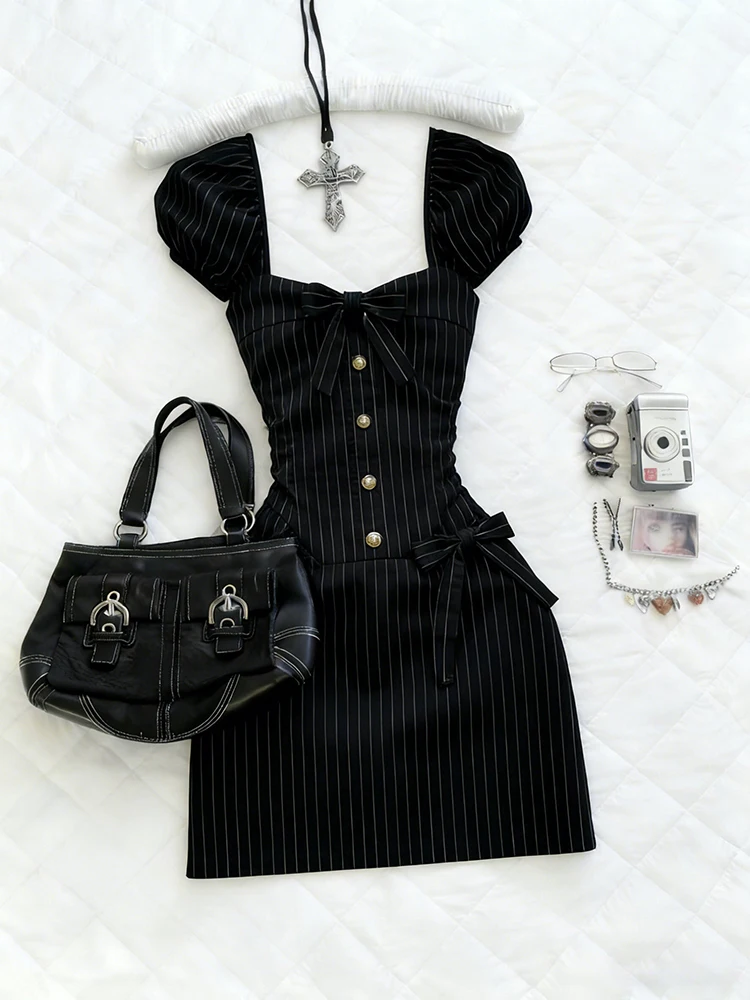 

Sweet Waist-Cinching Stripe Dr Bla Retro Stripes Square Collar Women's Summer Slimming Dr Ele Lady Sle Cotton B...