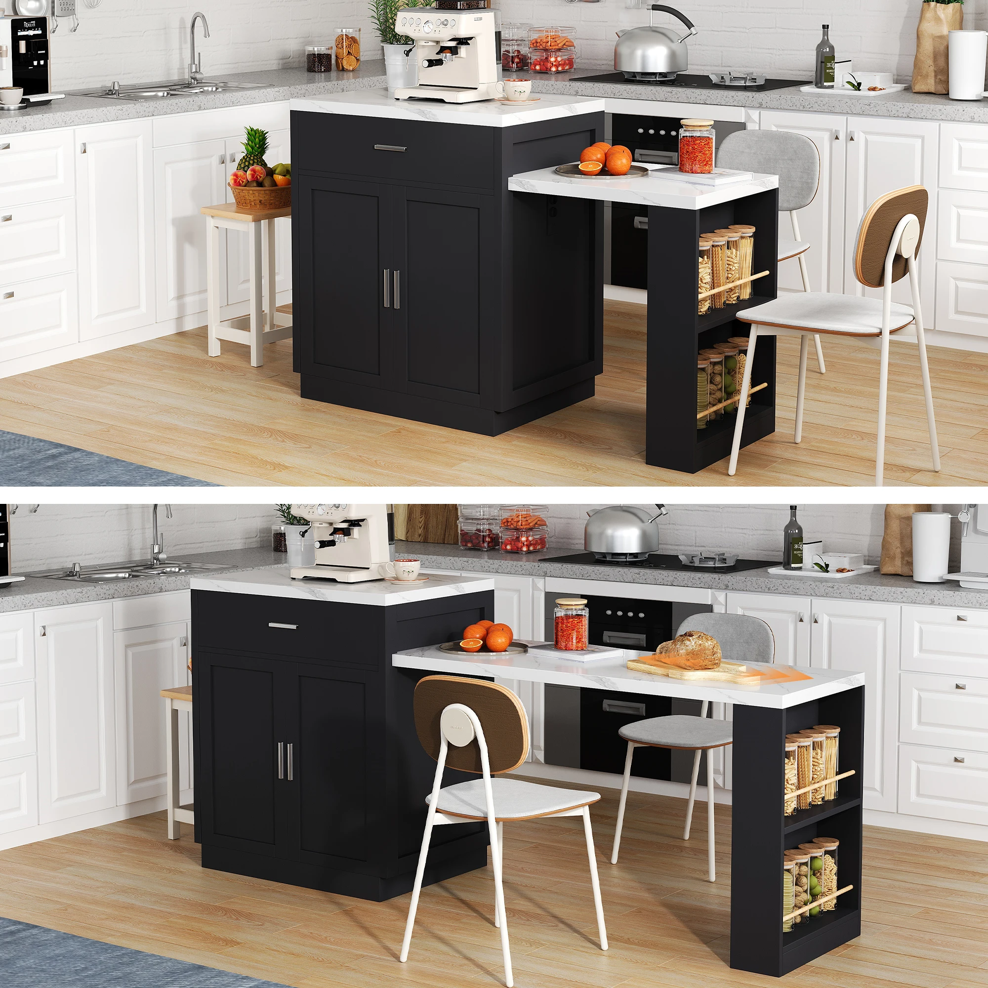 Isla de cocina con mesa de comedor extensible para 4-6 personas, mesa de cocina bicolor, toma de corriente, armario de almacenamiento, 2 cajones