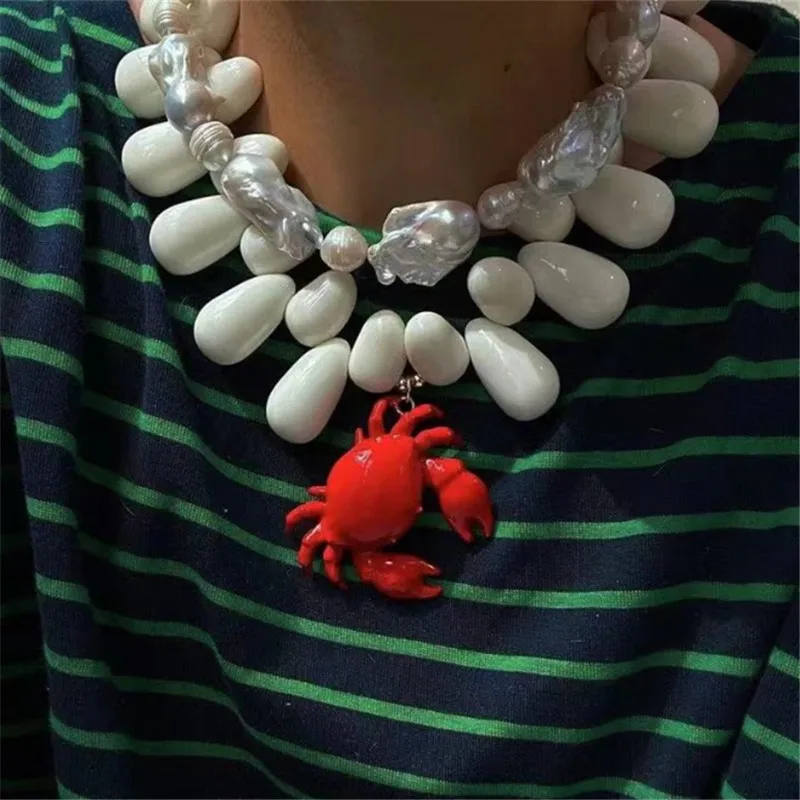 XIALUOKE European American Style Hyperbole Large Acrylic White Drop Beaded Red Crab Collarbone Necklace For Women Chunky Jewelry