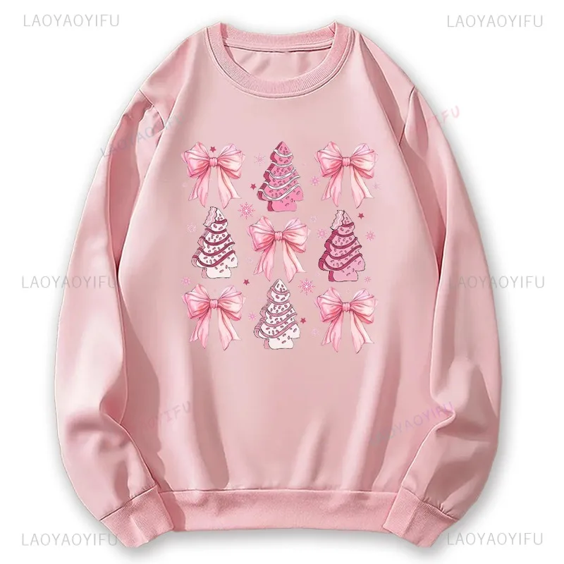 Funny Coquette Pink Christmas Graphic Sweatshirt Pink Christmas Tree Bow Harajuku Vintage Christmas Women Crew Neck Pullovers