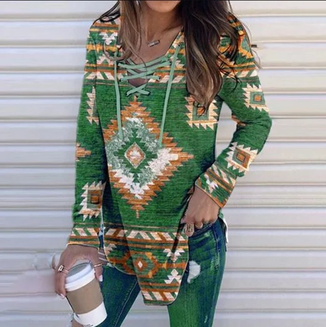 Spring Women Clothing S-5XL Ethnic Style Casual Printing Fashion Lace Up Pullover Versatile Shirt Long Sleeve Loose T-Shirt Top