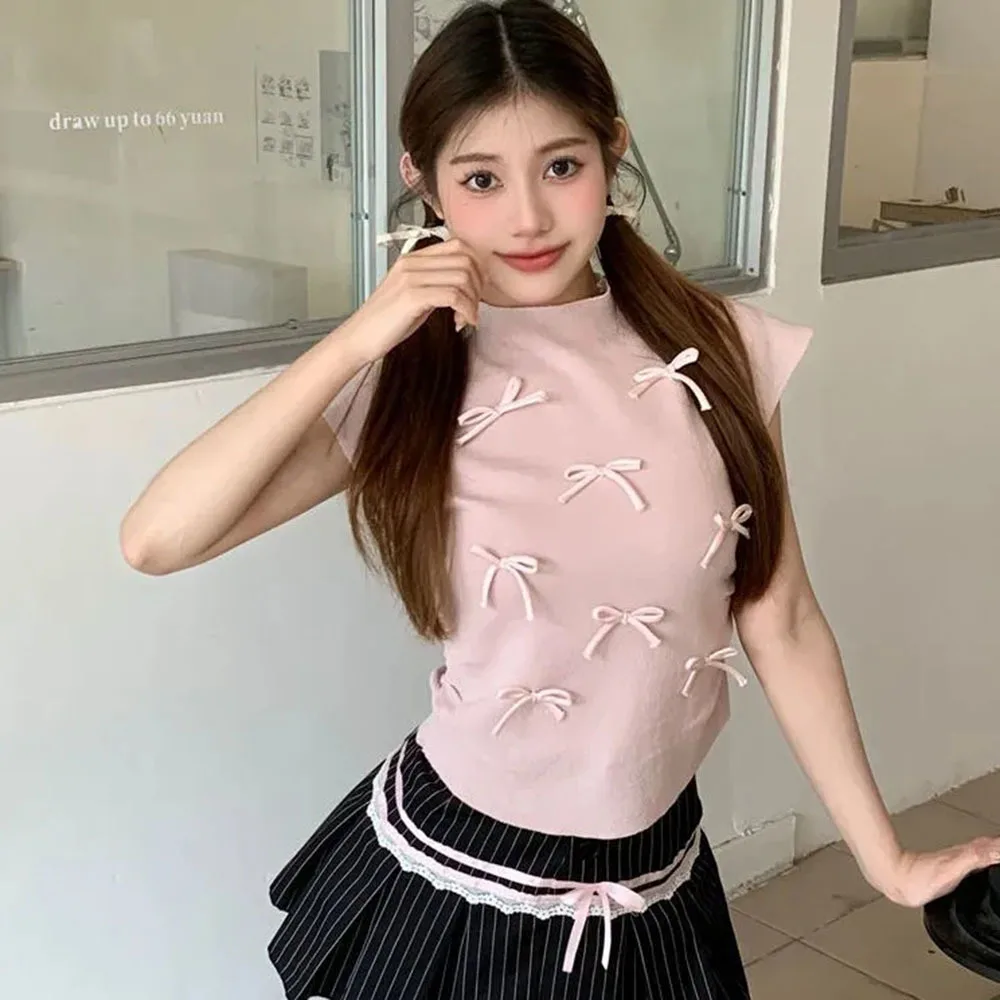 Elegant Women's Tops Bow y2k Short Sleeve T-shirt Female Summer Korean Sweet Slim Bottoming Shirt Cute Female Short Tee 8 Colors