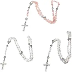 Rosary Beads Catholic Necklace for Women Men Crucifix Charm Long Chain Christian Amulet Necklace Religious Jewelry