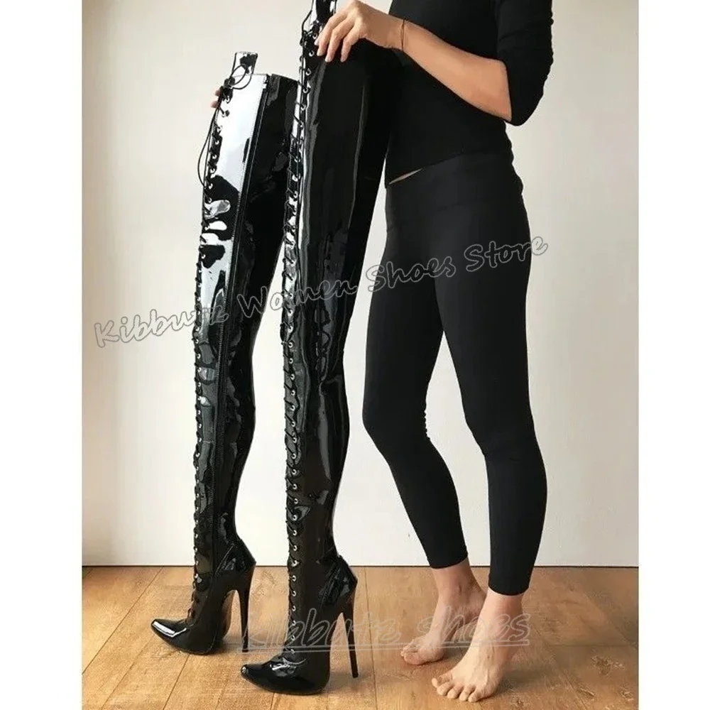 Ballet Over The Knee Boots Hot Girls Pointed Toe Thin Heels Leather Solid Color Lace-Up Fashion Elegant Concise Sexy Club Party