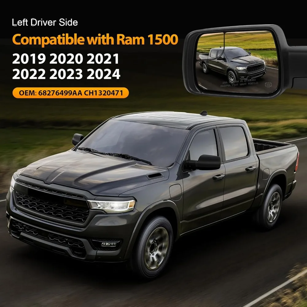 

7pins 1PC For Dodge Ram 1500 2019-2024 Left Driver Side Mirror with Power Heated Glass/Temp Sensor 68276499AA Car Reveiw Morror