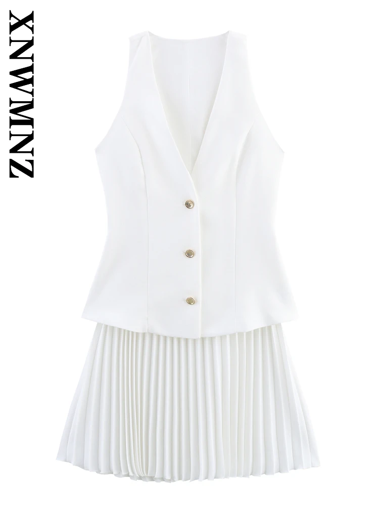 XNWMNZ 2025 Summer Woman Fashion Commuting Sleeveless Dresses Casual Simple Women Clothing V-Collar Shoulder Chic Pleated dress