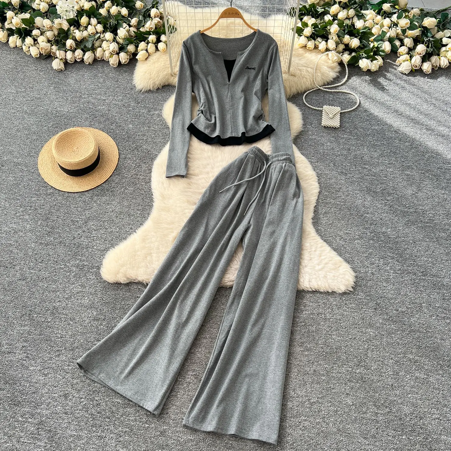 

Two Pieces Women Pant Set Solid Matching Set Zipper Round Neck Top Drawstring Empire Waist Wide Leg Pant Slim Casual 2025 Autumn