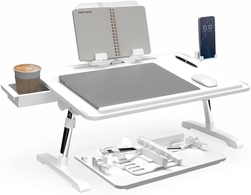 

Portable Adjustable Height & Tilt Lap Desk with Storage Drawer and Cup Holder in White