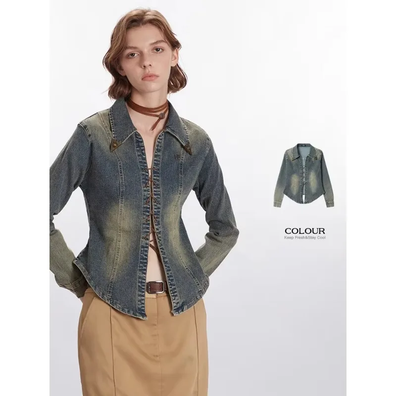 Nariele Vintage Denim Shirt 2024 Autumn New Fashion Streetwear Hook Flower Hollow Turn-down Collar Women Jeans Shirt