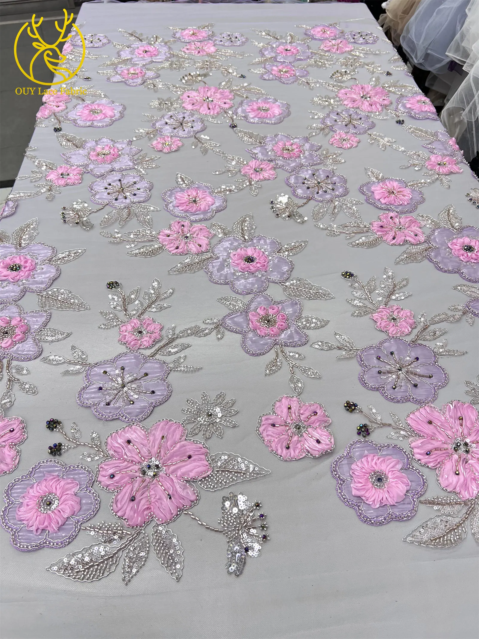 Afrikanischer Pailletten-Perlen-Spitzenstoff, hochwertiger nigerianischer französischer 3D-Blumen-Spitzenstoff für Kleidung, DIY, handgefertigter Stoff, 5 Yards – Detail 5