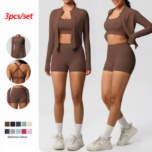 Conjunto de Yoga de 3 uds., conjuntos de entrenamiento de sensación desnuda, chándal para mujer, gimnasio, Push Up, Fitness, entrenamiento para correr, ropa deportiva, Sujetador deportivo, traje de mallas