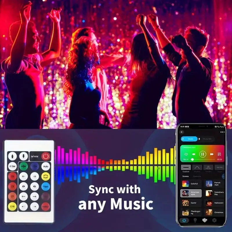 RGB Smart String Lights USB Powered With Bluetooth And Remote Control Music-sync LED Strip Lights For Bedroom Patio Decoration