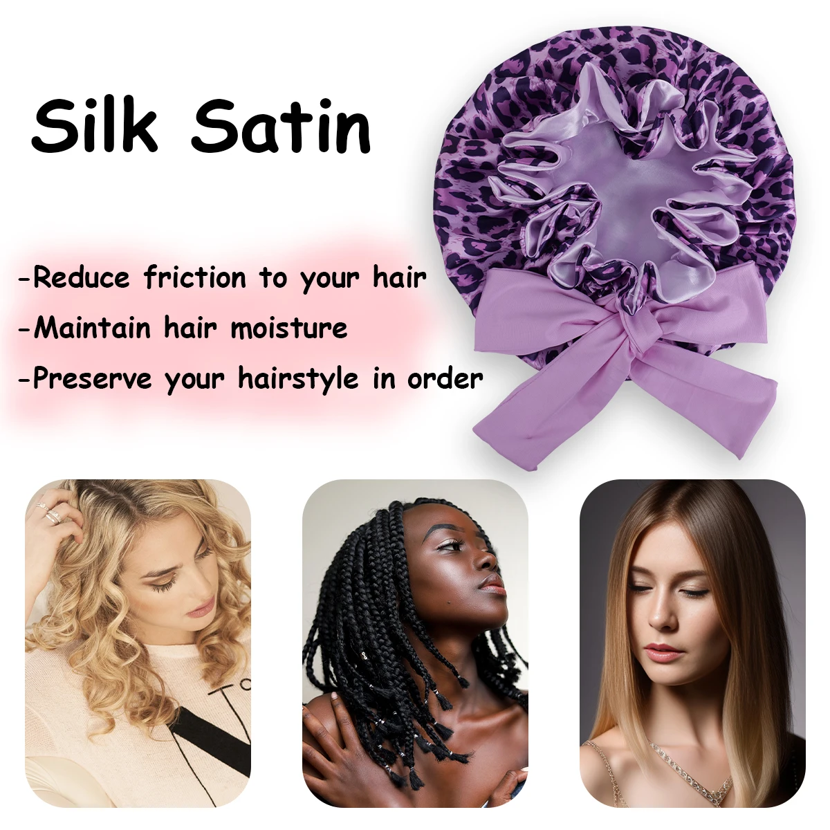 قبعة نوم للسيدات بطبعة الفهد الأرجواني مع شريط طويل وعقدة فراشة ناعمة ومريحة هدية العيد للطلاب والعائلة