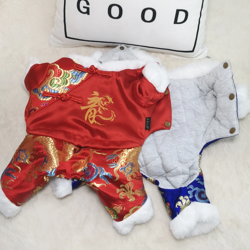 

Chinese New Year Dog Clothing Tang Suit Winter Dog Jumpsuit Cheongsam Pomeranian Poodle Bichon Schnauzer Pet Clothes Costumes XS