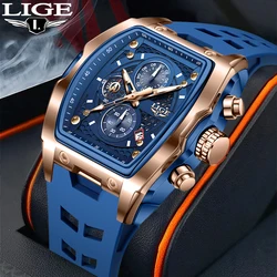 LIGE Square Fashion Luxury Quartz Man Watch Outdoor Casual Sports Silicone Strap Waterproof Luminous Hollow Wristwatches for Men