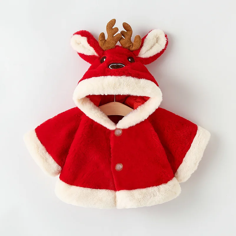 Weihnachtsjacke für Mädchen, Rentier-Druck, Hasenohren, mit Kapuze, winddicht, warm, Baumwollmantel, farbblockiert, Fledermausärmel, Winter-Oberbekleidung