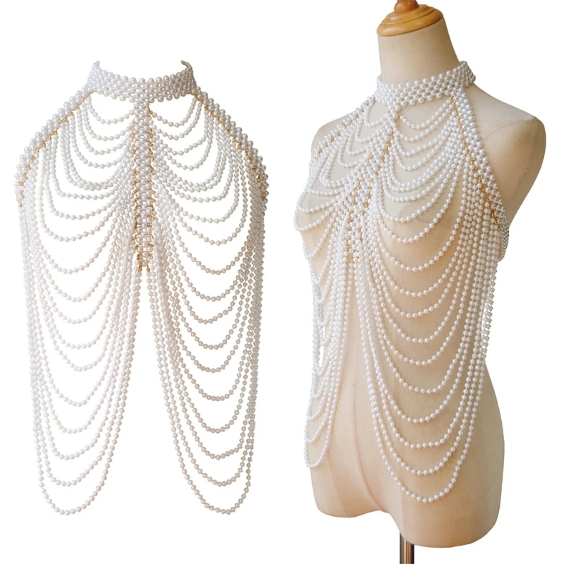 

Hand Beading Pearls Body Chain Necklace Elegant Shawl Collar Jewelry for Wedding Photo Stage Shows