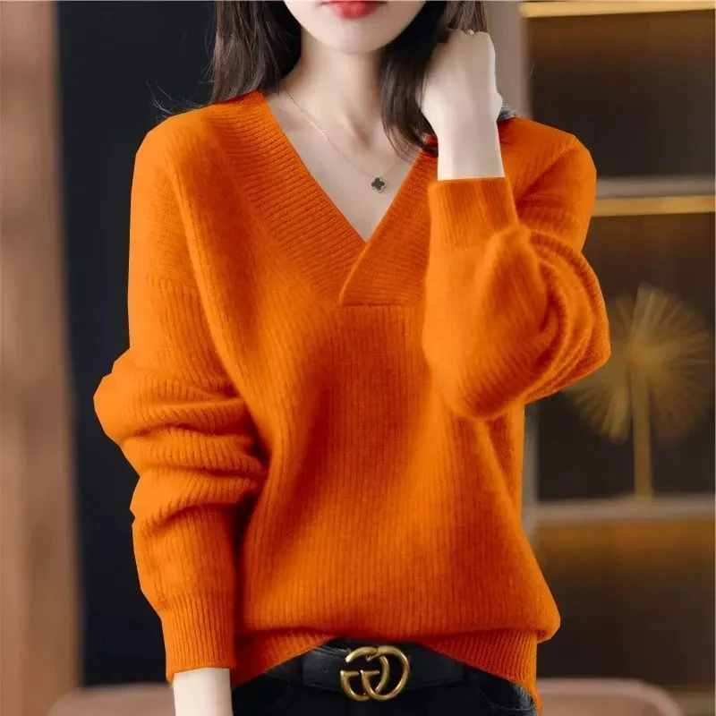 Cashmere Sweater Women\'s 100% Wool Sweater Fashion V-neck Knitted Pullover 2024 Winter and Autumn New Loose Solid Soft Sweater