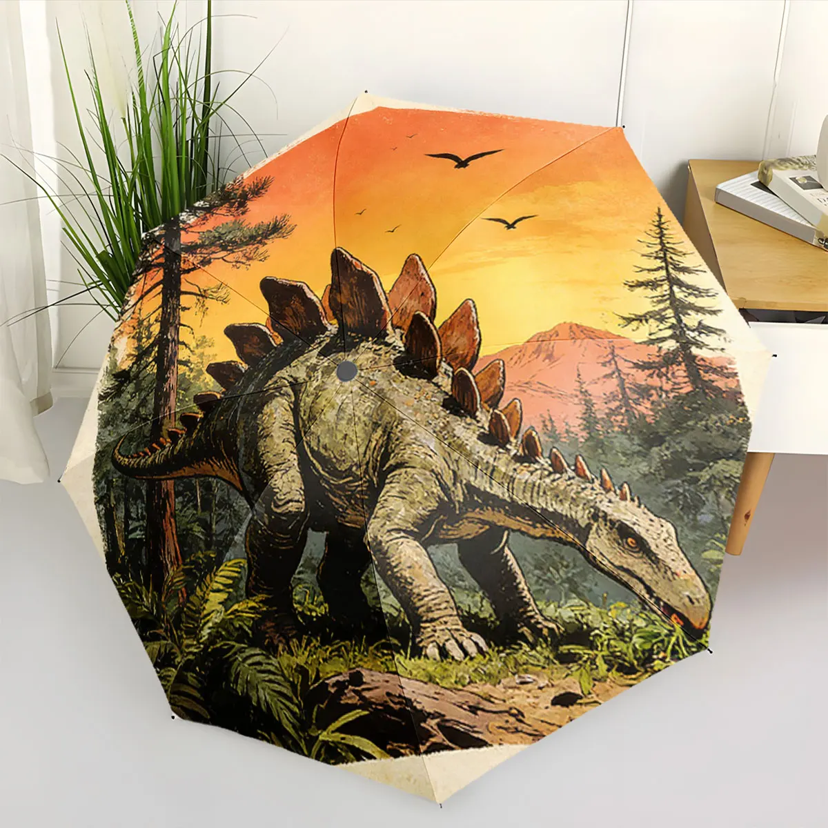 1PC Dinosaur Adventure on a Rainy Day Print 8 Iron Ribs Folding Umbrella Auto-Open Fashion Sunshade