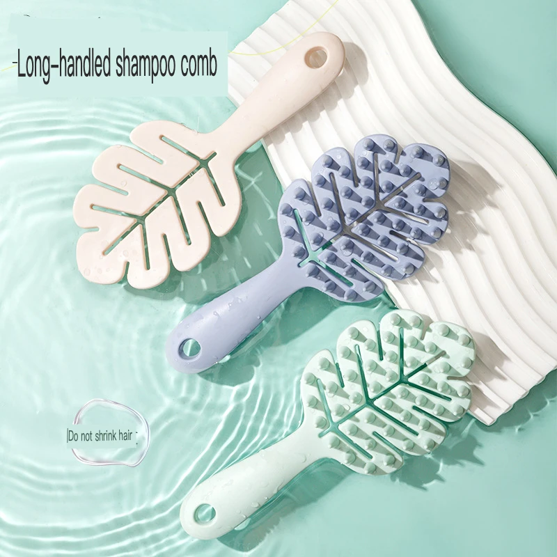 

Original design Leaf shampoo brush Comb with handle silicone hard teeth Shampoo comb Long handle comb