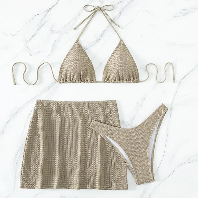 

2025 Solid Color 3-piece Swimsuit for Women,Summer New Khaki High Waist Beach Skirt Bikini,Suspender Lace-up Backless Beachwear