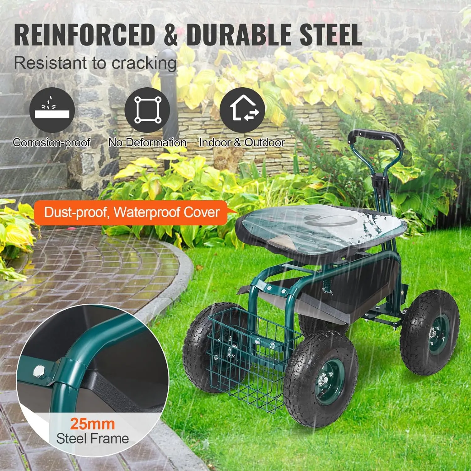 Garden Cart Rolling Workseat with Wheels, Gardening Stool for Planting, 360 Degree Swivel Seat, Wagon Scooter with Steering Handle & Utility Tool Tray, Use for Patio, Yard, and Outdoors, Green | 360 Swivel Garden Chair, Wagon Scooter with Steering Handle view 6