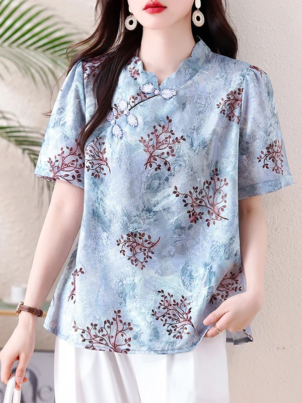 

Новинка лета: Женская свободная рубашка в китайском стиле с вышивкой и пуговицами, с коротким рукавом, воротником-стойкой, стройнящая, с цветочным узором