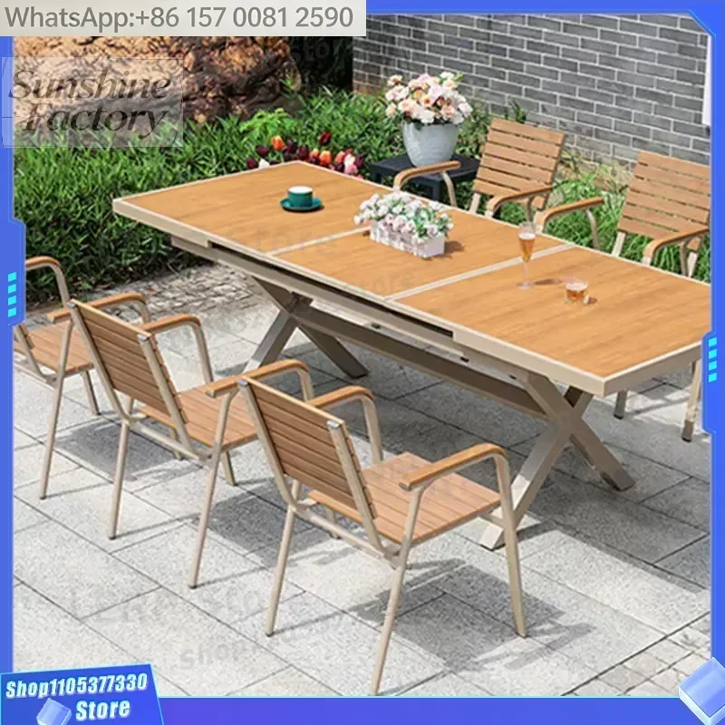 Factory Direct Sale of Modern Outdoor Plastic Wood Aluminum Alloy Waterproof Courtyard Dining Table and Chair Set