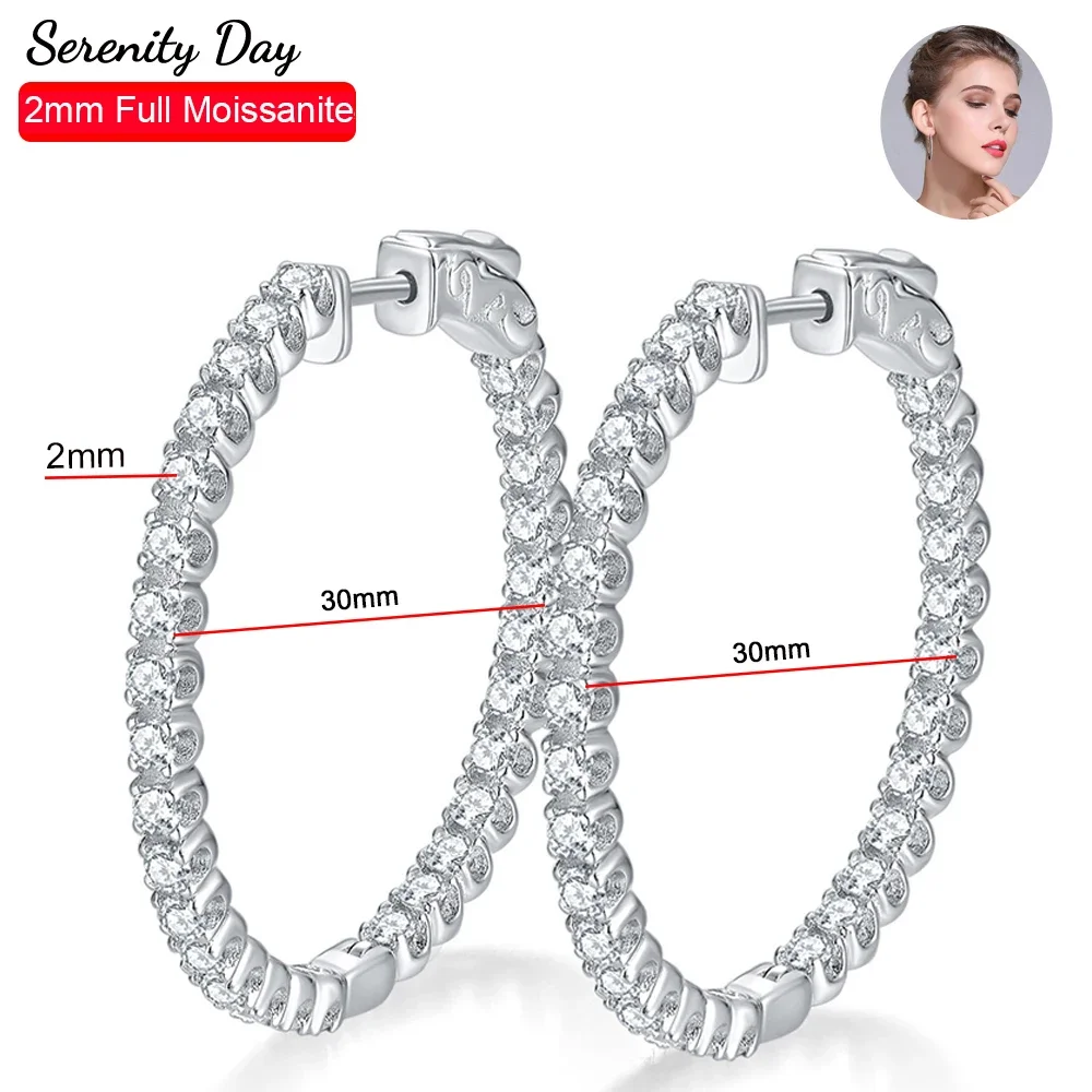 Kolczyki Serenity 2mm z Moissanitem dla Kobiet i Dziewcząt, Prezent, Srebro Próby S925, Błyszczące Kolczyki Koła z Diamentami Laboratoryjnymi, Biżuteria Ślubna