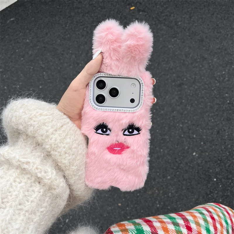 

Cartoon Pink Fluffy Fuzzy Plush 3D Fur Case For iPhone 17 pro max Cute Soft cases for iphone 16 15 13 14 Pro Max Kids gift