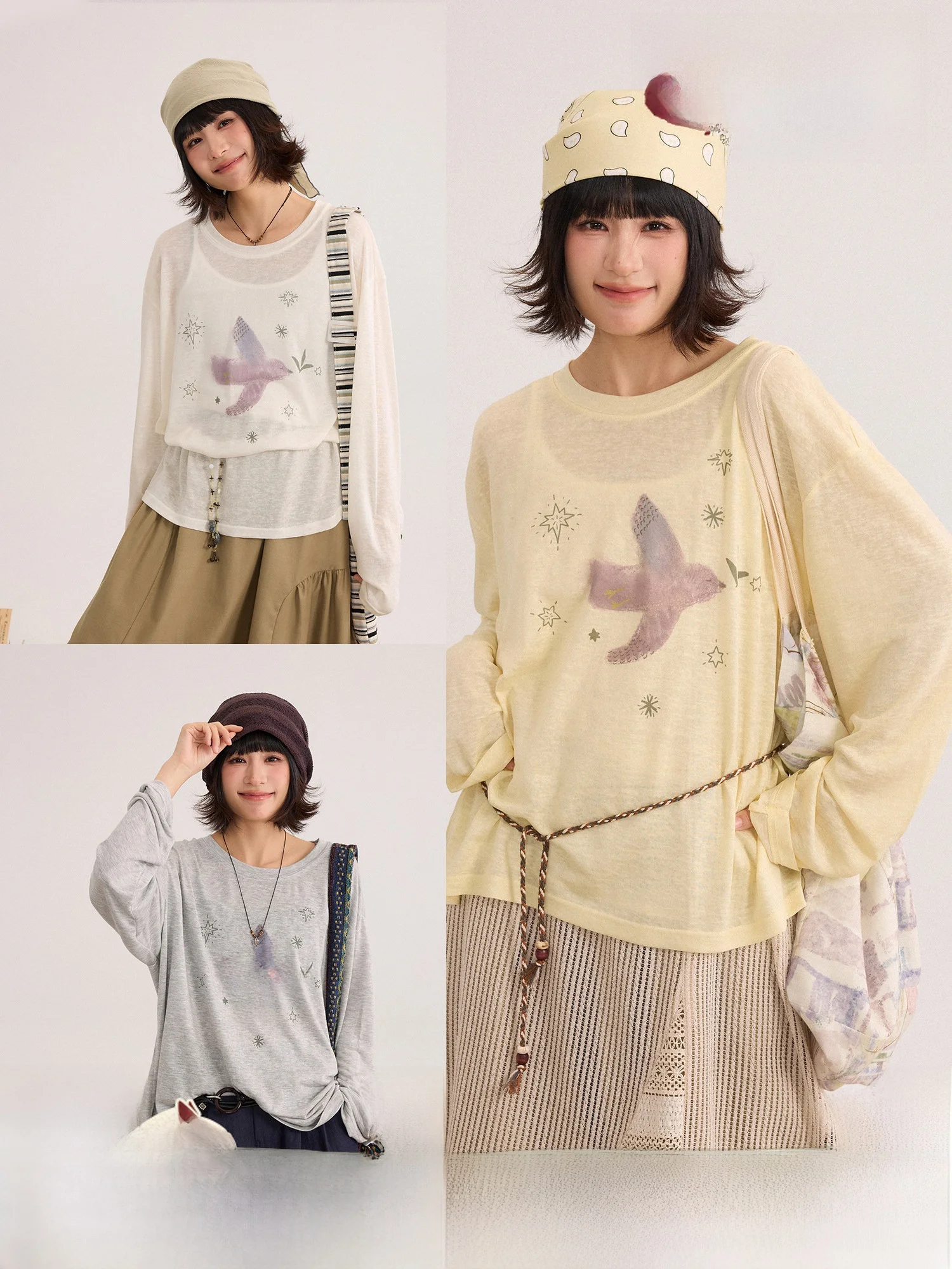 

Женская футболка с принтом Star Ray Bird Floral, свободного кроя, с круглым вырезом, легкая, тонкая, весенняя, повседневная, с длинным рукавом