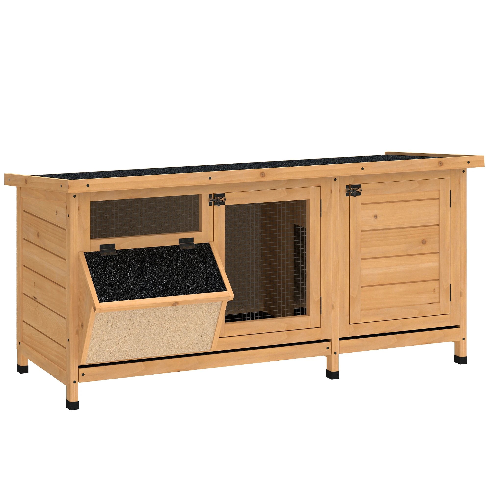 PawHut Jaula para Conejos con Techo Asfáltico Abatible Puertas con Pestillo Bandejas Extraíbles Comedero 112x50x54 cm Amarillo
