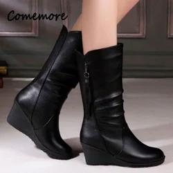 Comemore 2023 New Thick-soled Boots Women Spring Autumn Mid-tube Short Boot Women's Heeled Warm Shoes Leather Casual High Heels