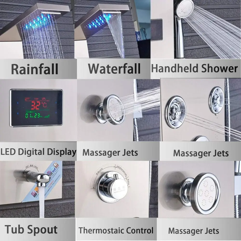 6-in-1 douchepaneel van geborsteld nikkel met LED, verstelbare jets, waterval, handheld en badkuipuitloop