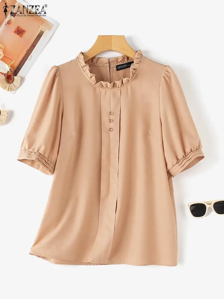 ZANZEA Fashion Ruffle Round Neck Tunic 2024 Summer Puff Short Sleeve Tops Shirt Vintage Party Blusas Elegant Women Office Blouse