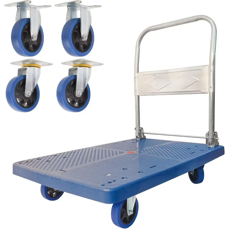 

Flatbed Cart, 660lbs Heavy Duty Capacity Platform Hand Truck 360 Degree Swivel Wheels Foldable Push Hand Cart