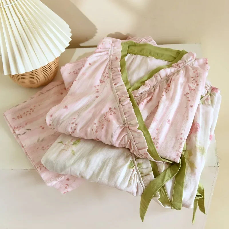 

Women's Japanese Kimono Style Pajama Set Ruffle V Neck 100% Cotton Crepe Breathable Floral Sleepwear for Spring Loungewear