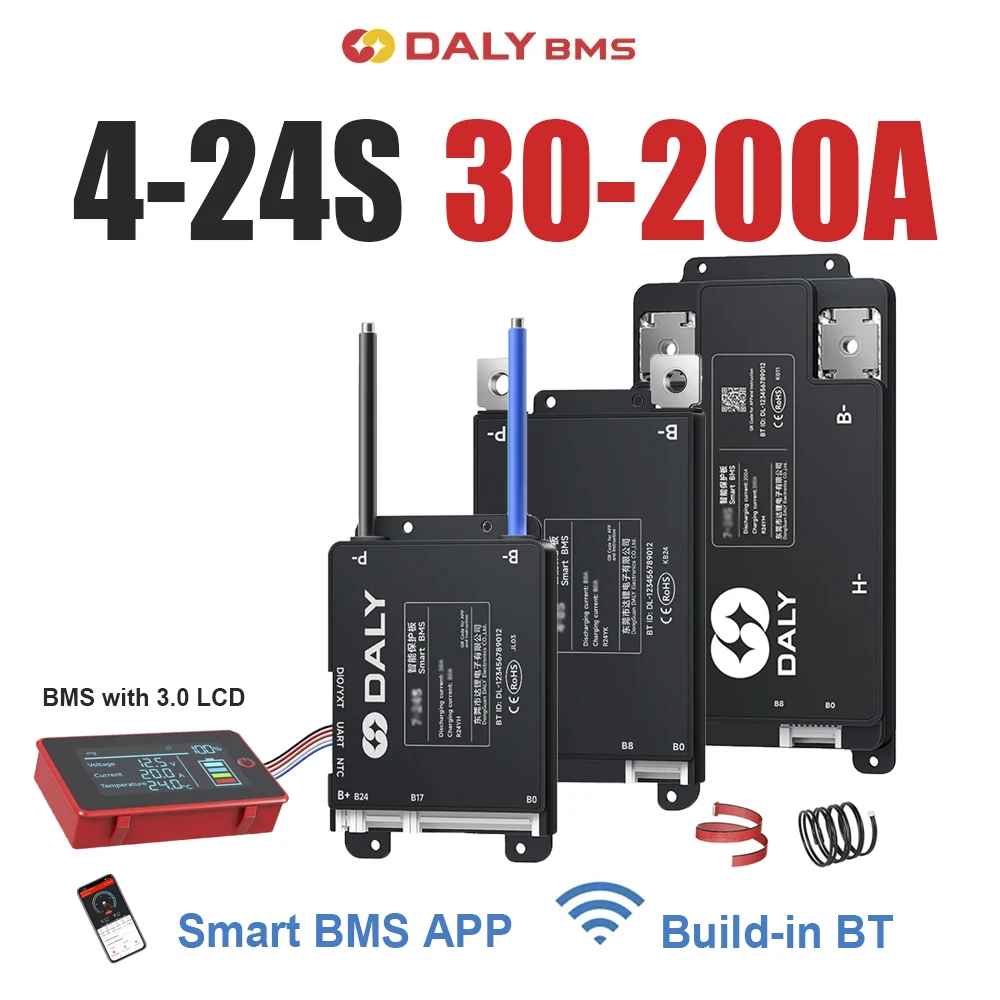 Daly Smart BMS with 3-Inch LCD Display Y-Series 4-8S 7-17S 7-24S 30A-200A Build-in BT UART Li-ion LiFePo4 LTO E-bike E-vehicle